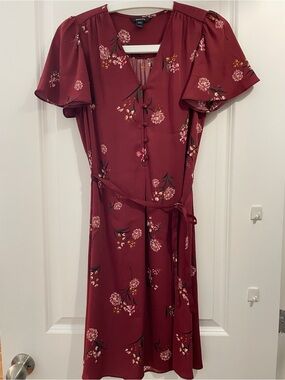 RW&CO. Burgundy Floral Midi Dress with Tie Waist